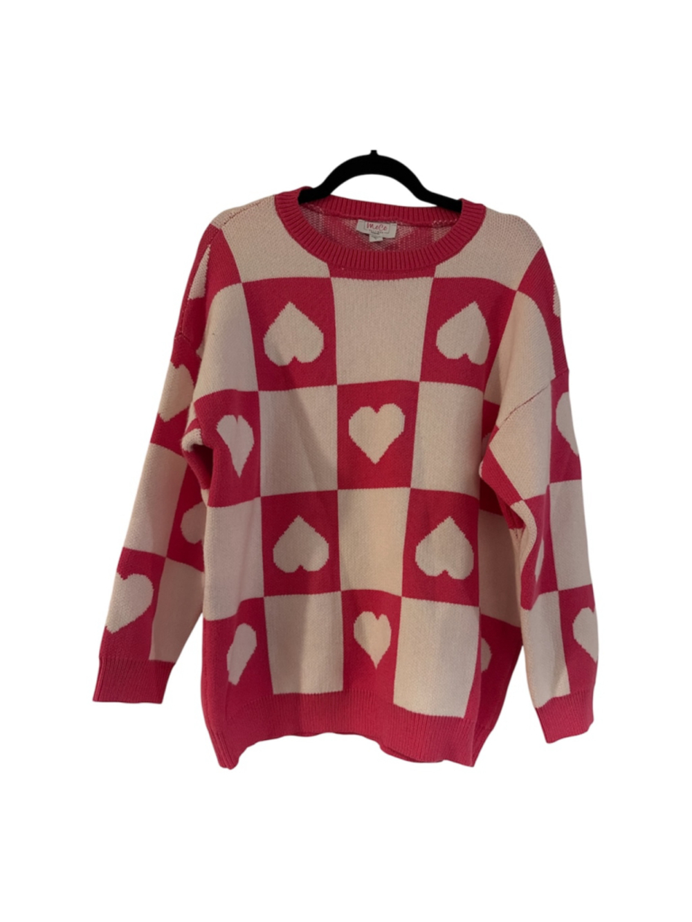 MOCO Boutique Pink & Cream Checkered Heart Sweater Large NWOT